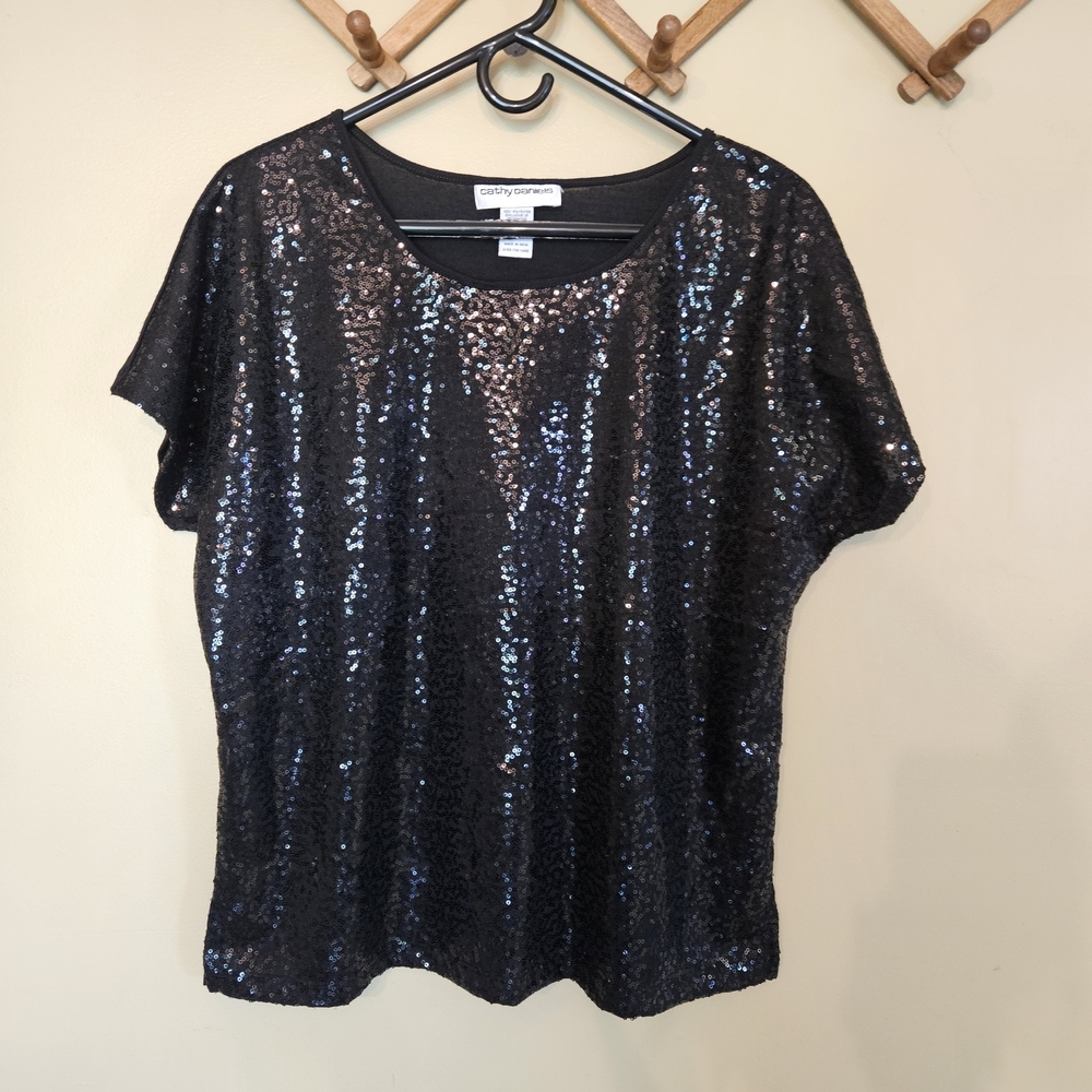 Cathy Daniels Black Sequin Top Size L Short Sleeve Festive Holiday NYE